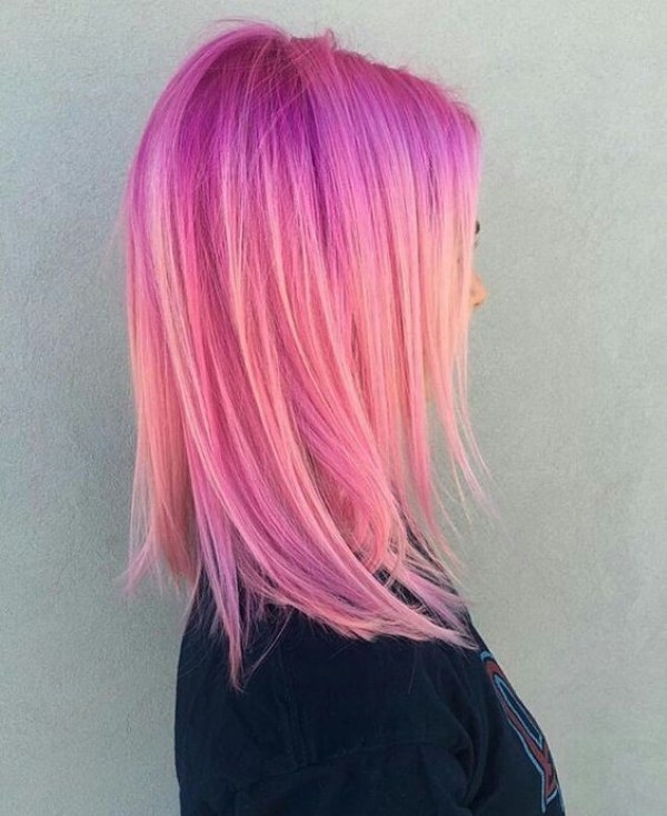 Medium hairstyle with purple and pink shadows blend women haircuts 2021