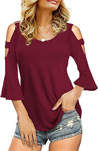Florboom Womens Cold Shoulder Top Basic T-Shirts 3/4-Ärmel Lässige Bluse T-Shirts - Hier kaufen