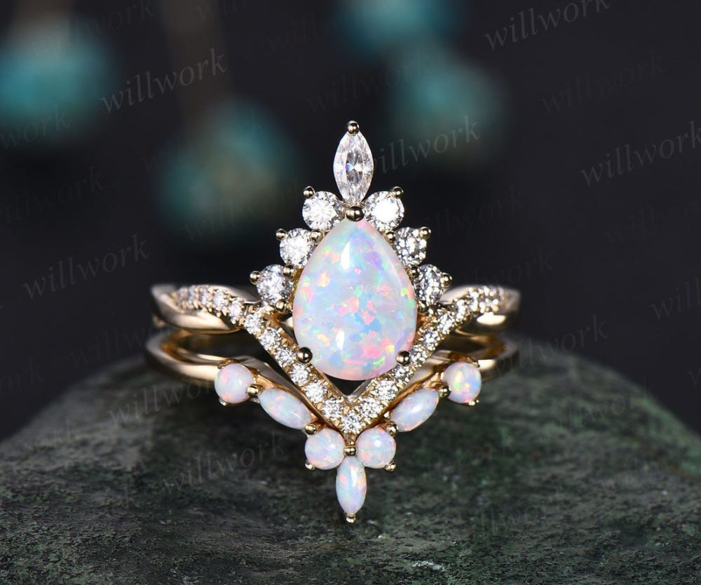 Opalring Gold Damen Vitnage Birne Opal Verlobungsring Set Roségold Marquise Ring Set Twisted Moissanite Ring zierlicher individueller Ehering