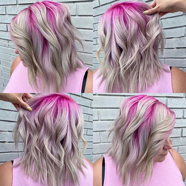 Kurzes blondes Haar mit rosa Highlights
