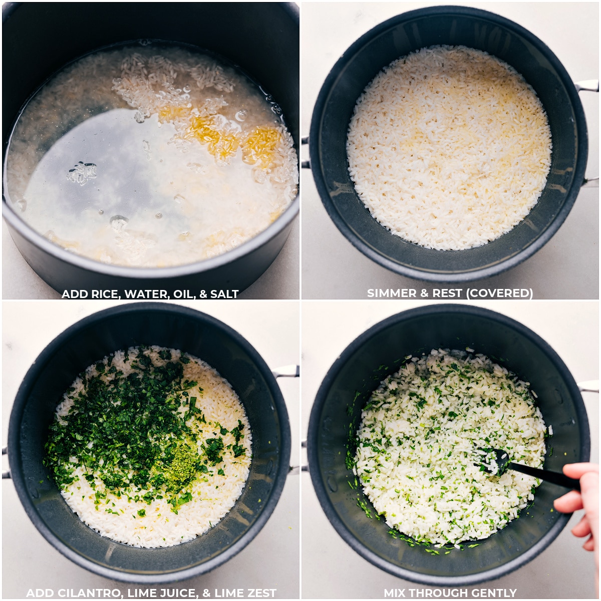 Reis, Wasser, Öl und Salz werden in einen Topf gegeben und gekocht, dann werden Koriander, Limettensaft und Limettenschale für diesen Koriander-Limetten-Reis vermischt.