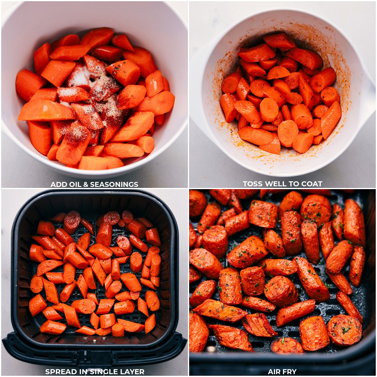 Den Karotten werden Öl und Gewürze hinzugefügt und alles wird für diese Sir Fryer-Karotten gekocht.