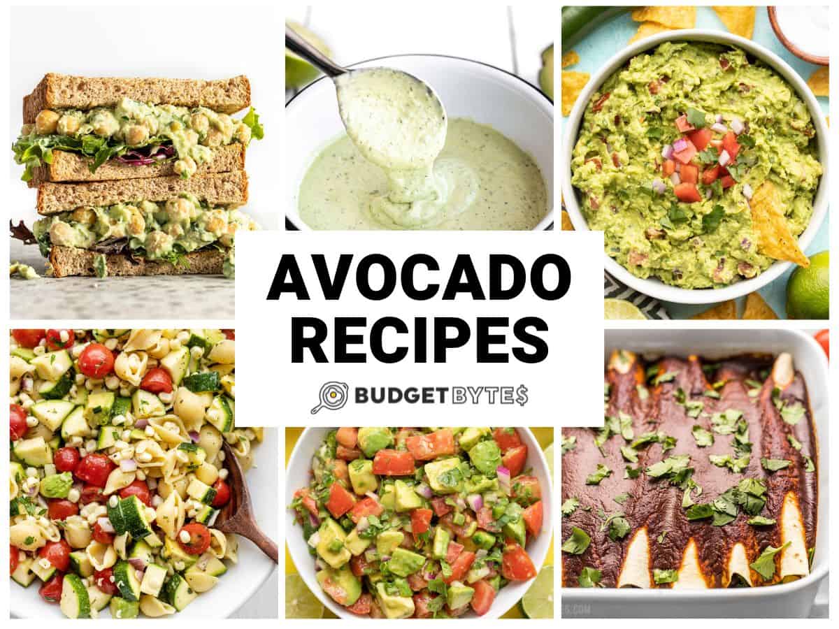 Collage aus sechs Avocado-Rezepten mit Titeltext in der Mitte.
