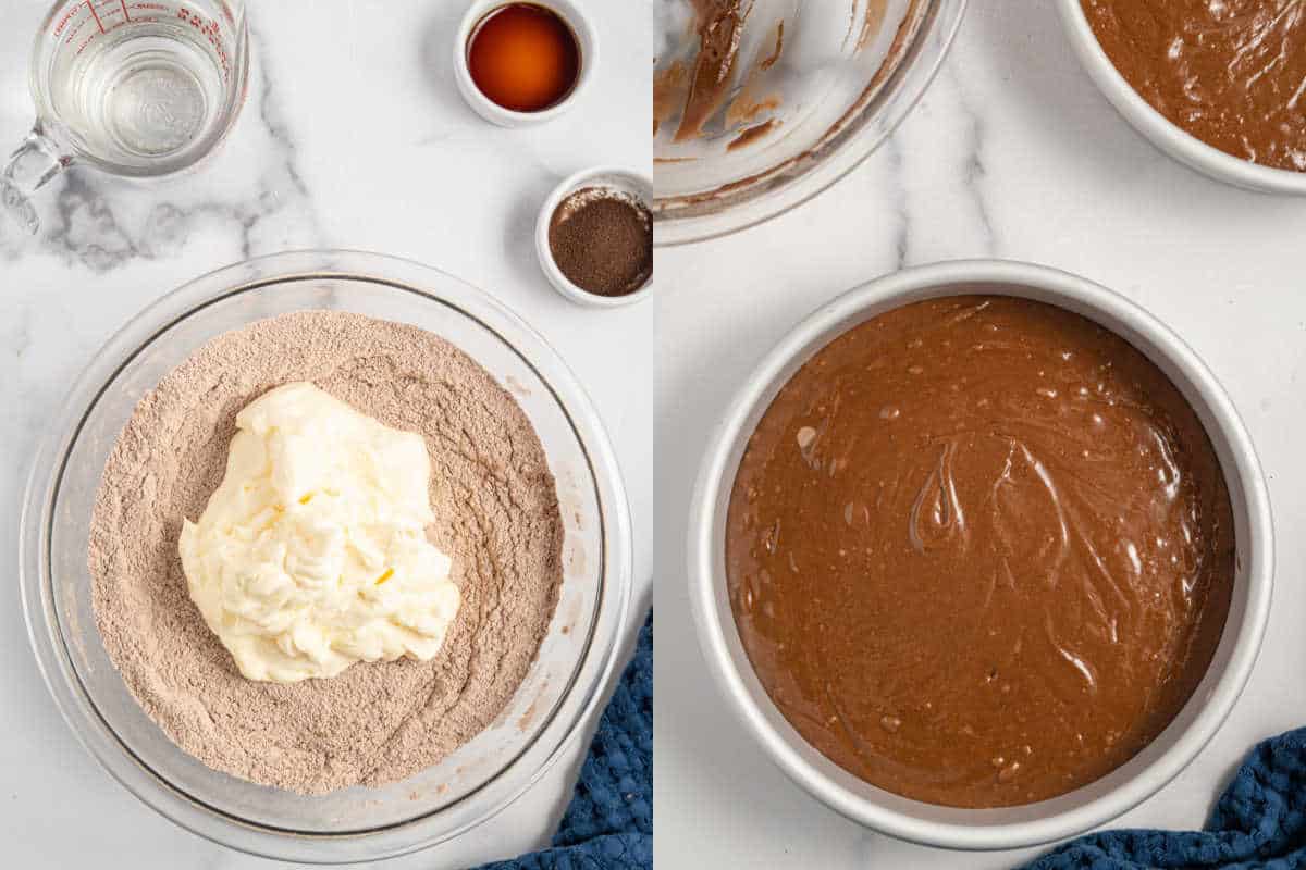 Schritt-für-Schritt-Fotos, die zeigen, wie man Schokoladen-Mayonnaise-Kuchenteig herstellt.