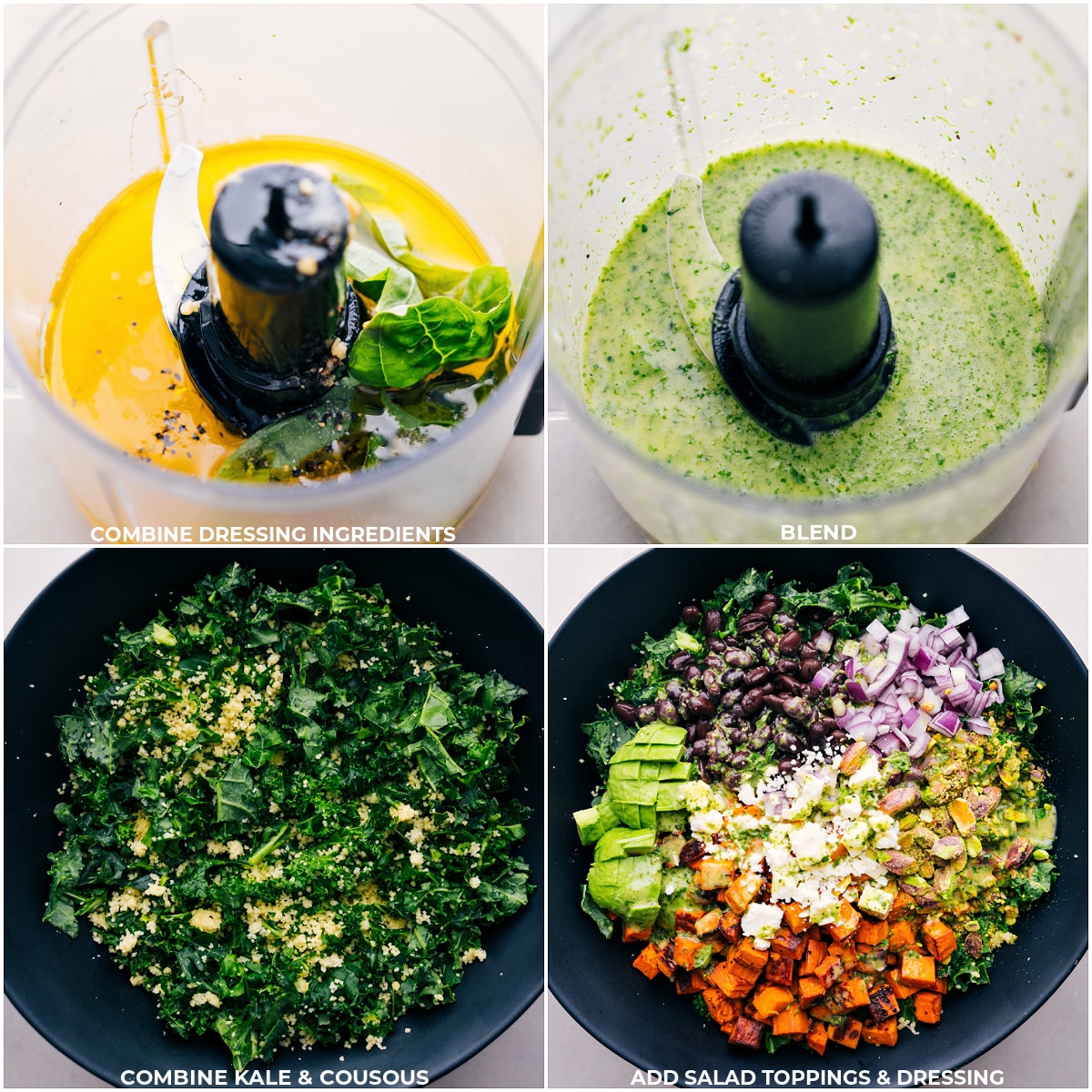 Für diesen Grünkohl-Süßkartoffelsalat werden alle Zutaten für das Dressing vermischt und dann Grünkohl, Couscous und die restlichen Salatbeilagen hinzugefügt.