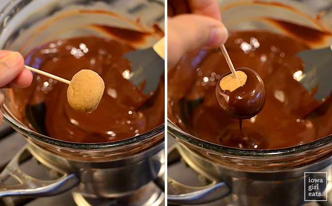 Handtauchen von Rosskastanienbonbons in geschmolzene Schokolade