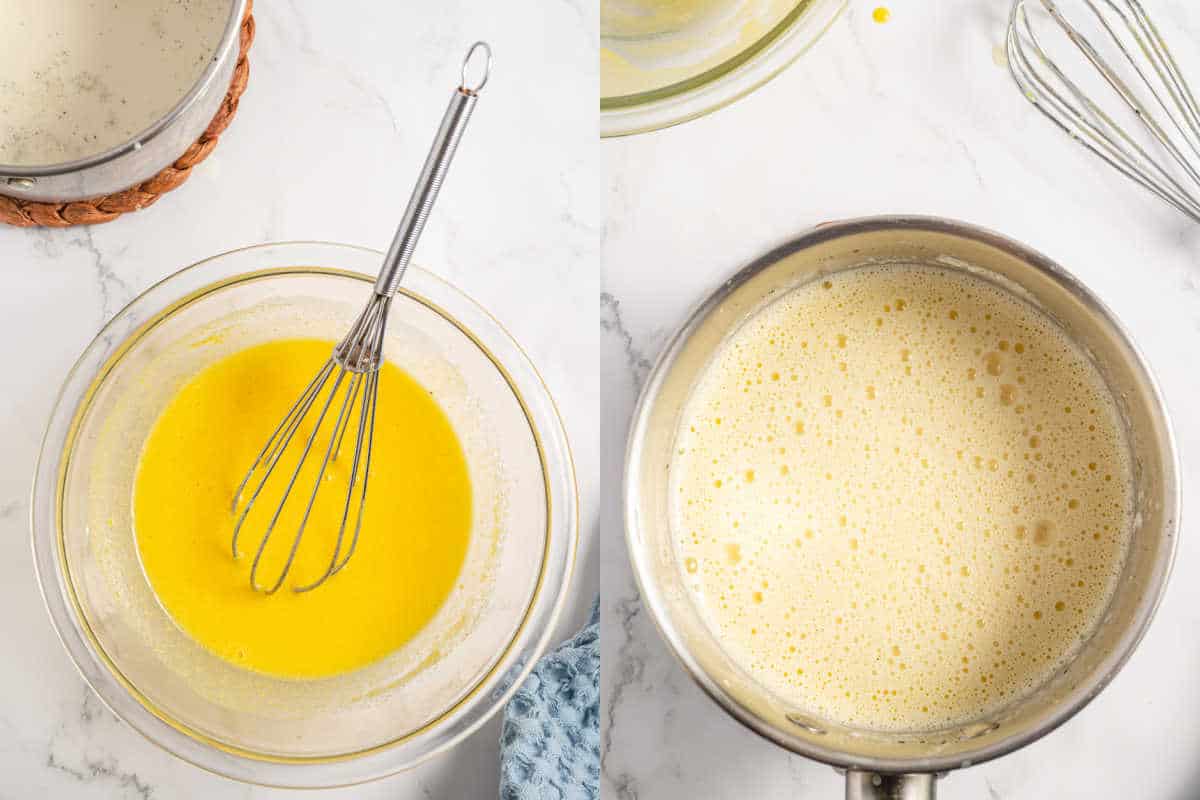 Schritt-für-Schritt-Fotos, die zeigen, wie man Eier für Crème Brûlée temperiert.
