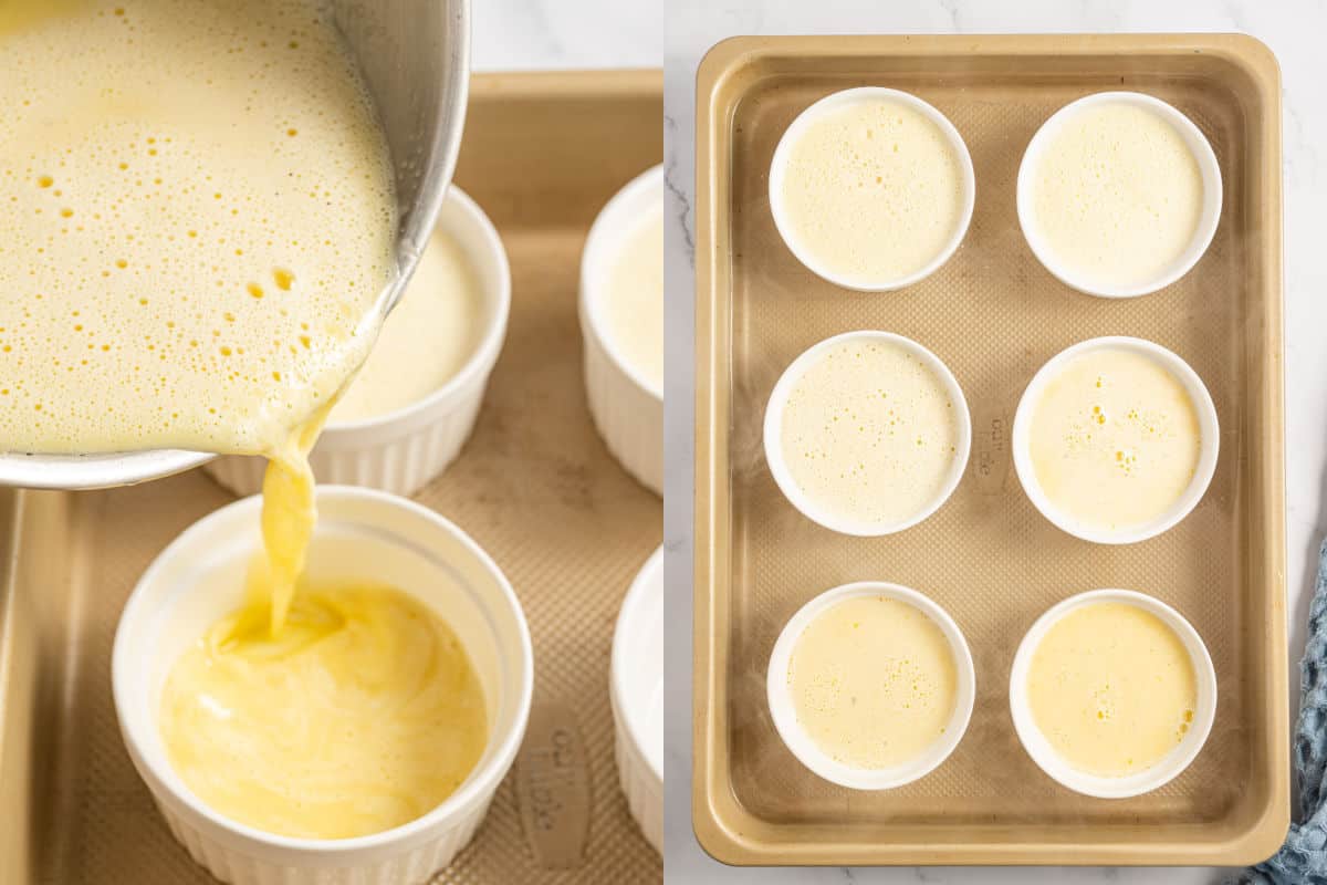 Schritt-für-Schritt-Fotos, die zeigen, wie man Auflaufförmchen mit Crème Brûlée füllt.