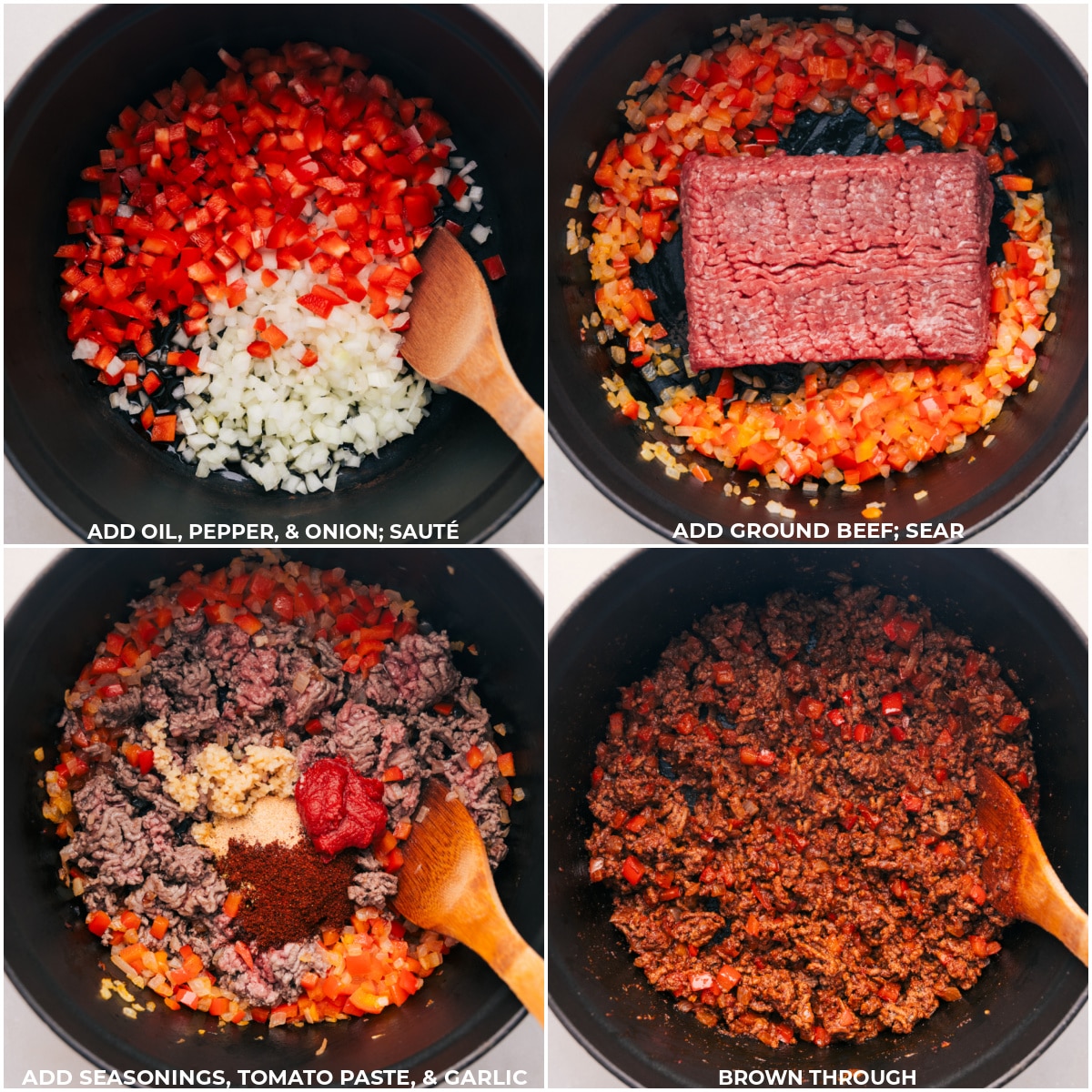 Für diese Taco-Spaghetti werden Öl, Pfeffer, Zwiebeln, Rinderhackfleisch, Gewürze, Tomatenmark und Knoblauch zusammen in einem Topf angebraten.