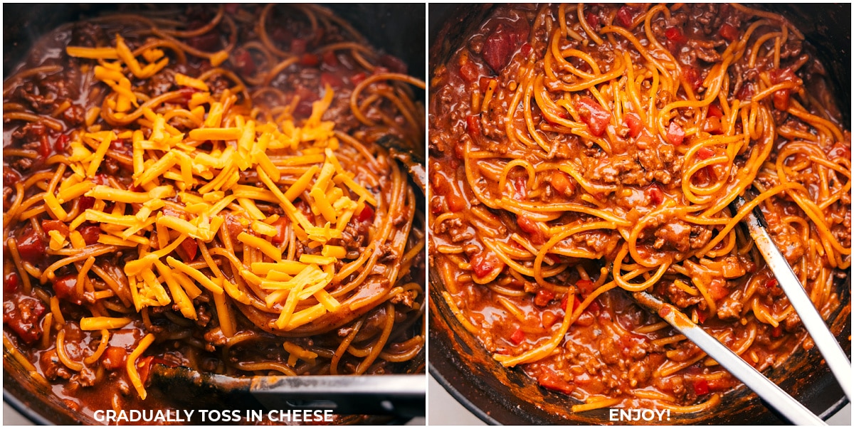 Für diese Taco-Spaghetti wird Käse mit den Nudeln vermengt.